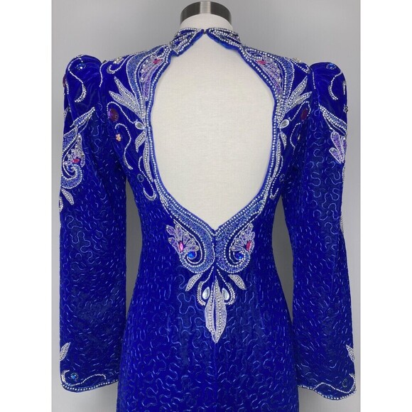 Vintage 1980s Cache Dress Women Size 6 Blue Silver Beaded Puff Sleeve Sequins - Picture 4 of 11